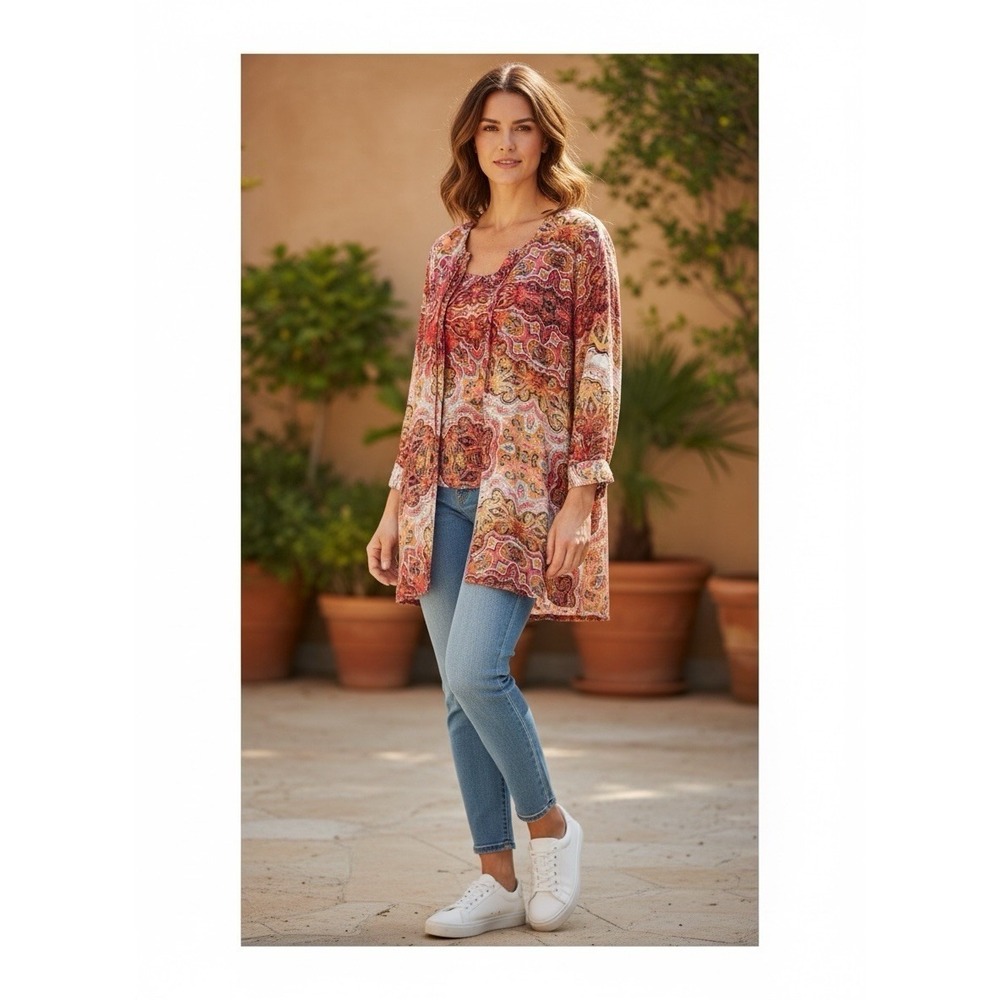 Chico's Women's 2 = L Tunic Longline Topper Cardigan + Attached Shell Pink EUC